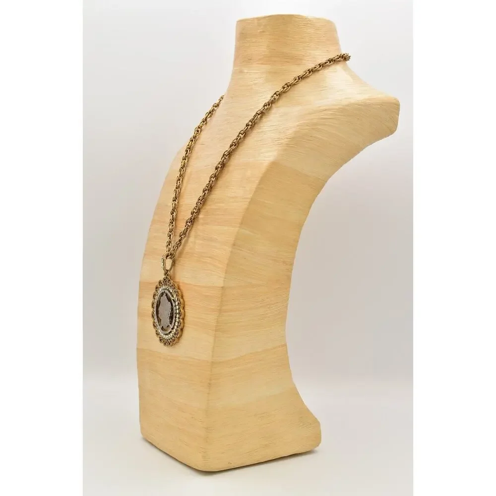 Vintage Carved Coin Heavy Pendant Necklace Crystal Chain Gold Chunky 1970s BinBH